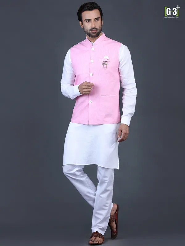 Solid pink linen mens waistcoat set