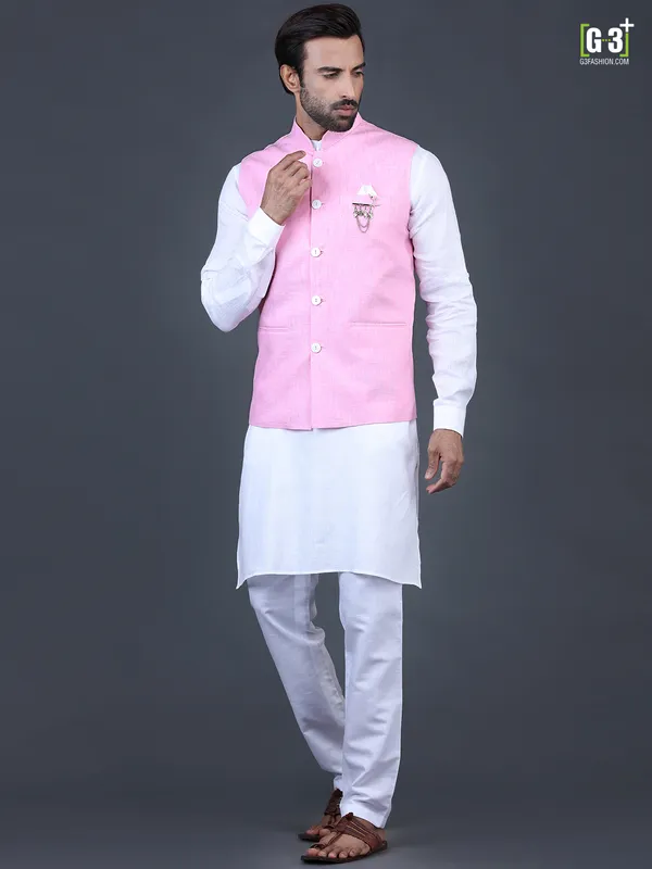 Solid pink linen mens waistcoat set