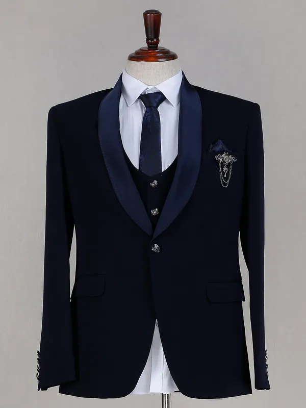 Solid style terry rayon navy coat suit for reception