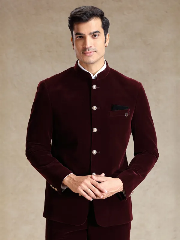 Solid wine velvet jodhpuri suit for wedding