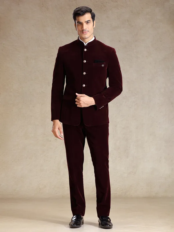 Solid wine velvet jodhpuri suit for wedding
