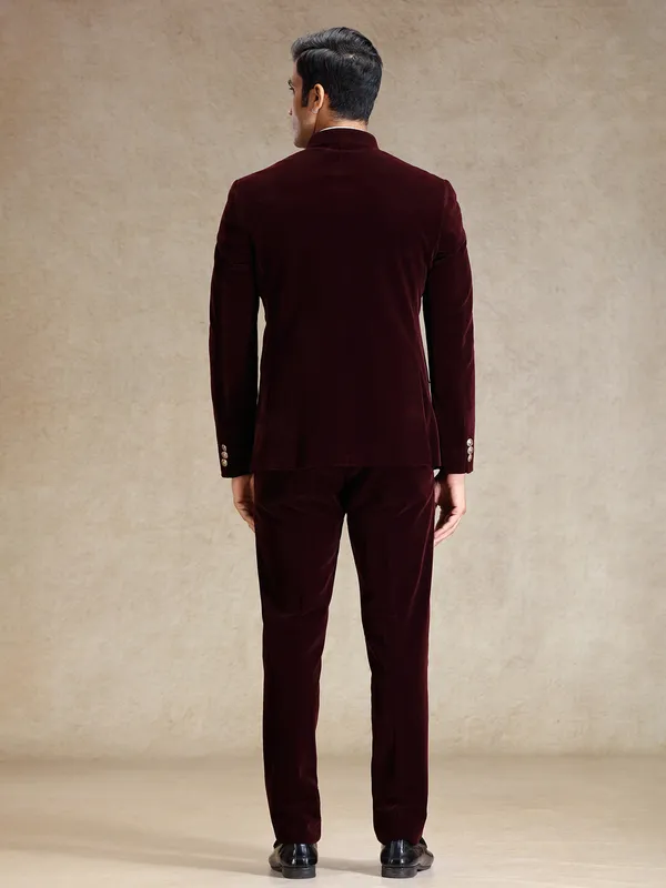 Solid wine velvet jodhpuri suit for wedding