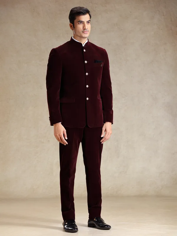 Solid wine velvet jodhpuri suit for wedding