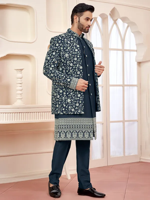 Sophisticated dark grey indowestern for wedding style