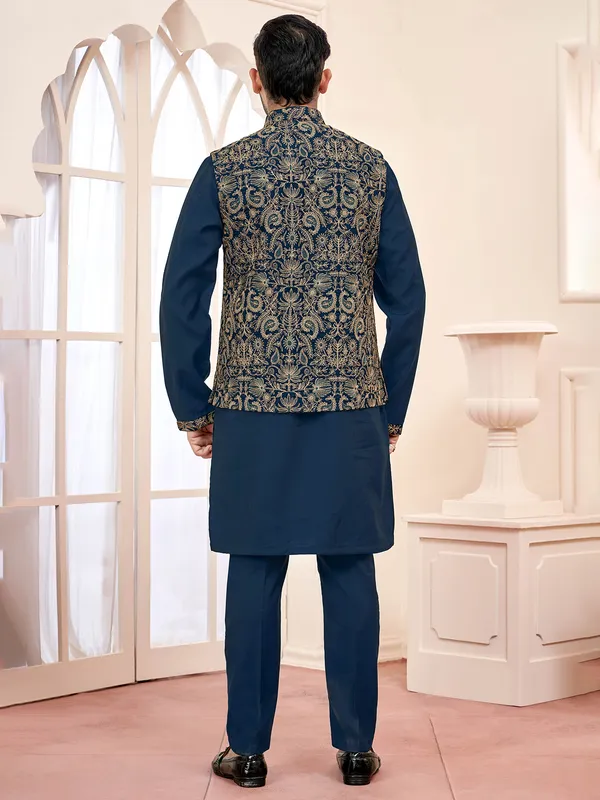 Sophisticated rama blue silk waistcoat set for special events