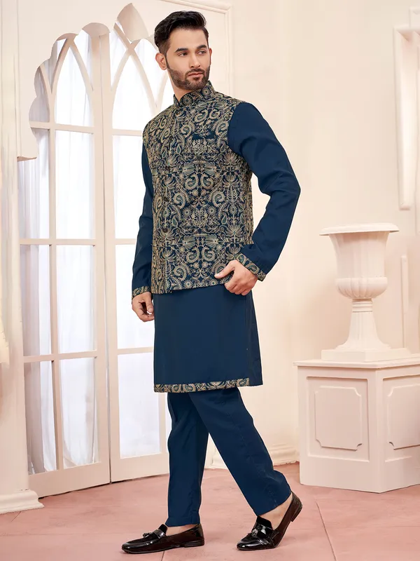 Sophisticated rama blue silk waistcoat set for special events