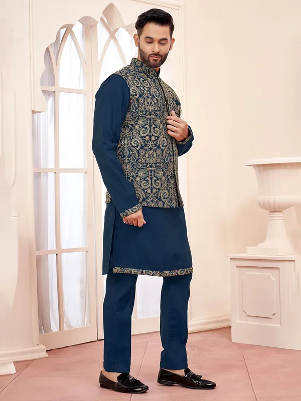 Sophisticated rama blue silk waistcoat set for special events