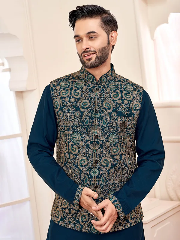 Sophisticated rama blue silk waistcoat set for special events
