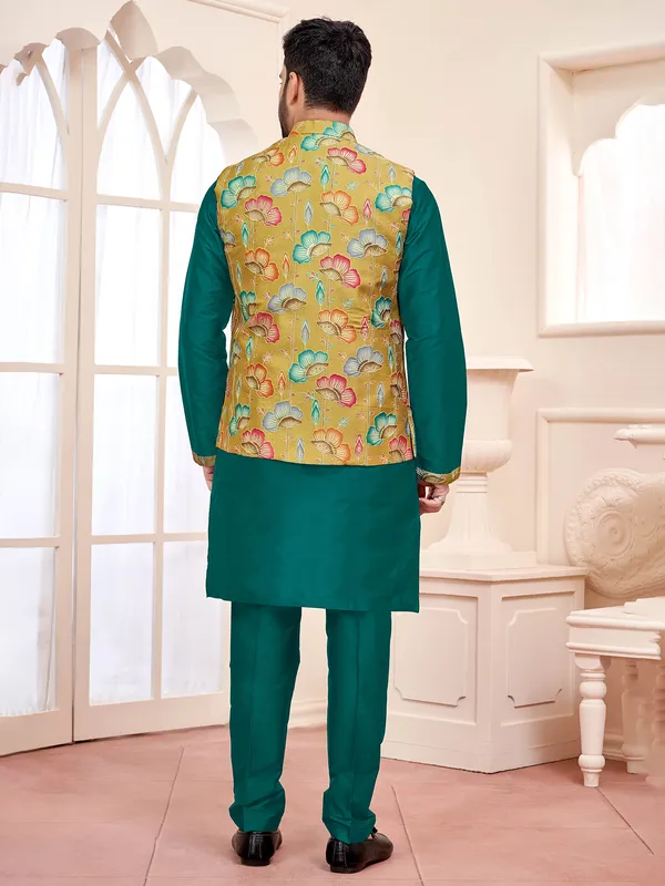 Sophisticated rama green silk waistcoat set for men