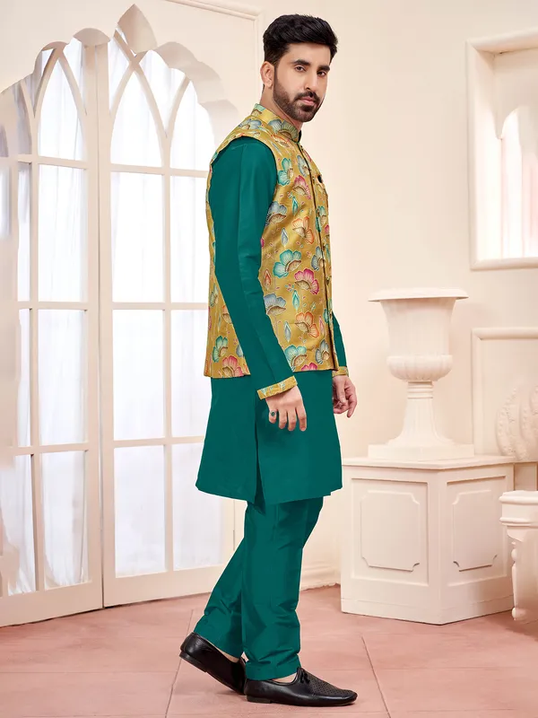 Sophisticated rama green silk waistcoat set for men