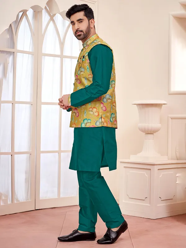 Sophisticated rama green silk waistcoat set for men
