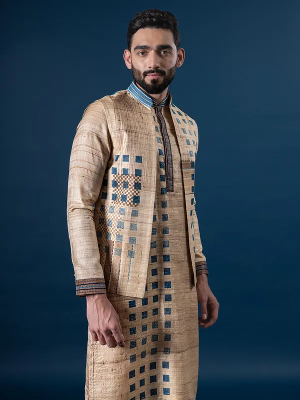 Sparkling traditional beige silk waistcoat set for men