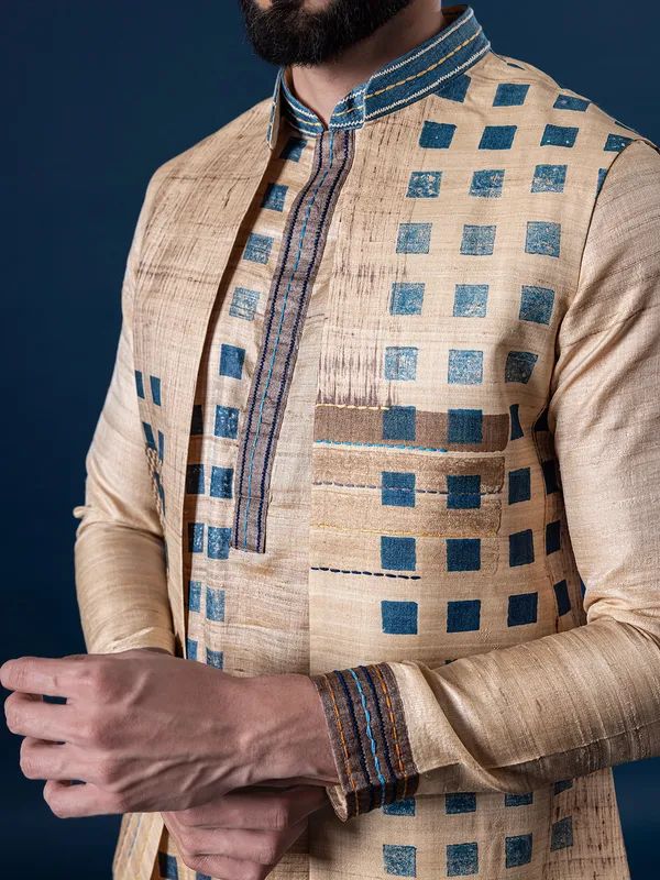Sparkling traditional beige silk waistcoat set for men