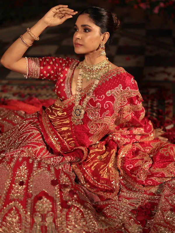 Splendid red lehenga choli in raw silk