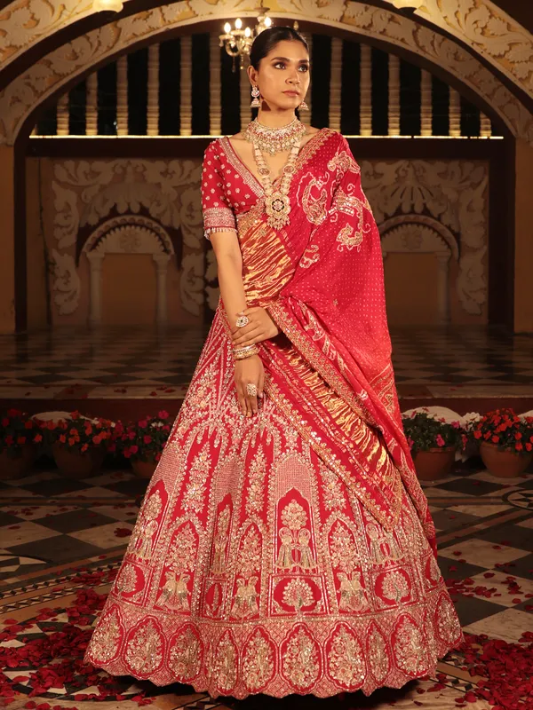 Splendid red lehenga choli in raw silk