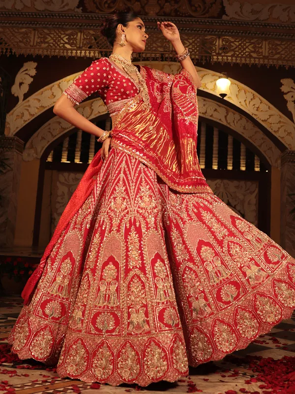 Splendid red lehenga choli in raw silk