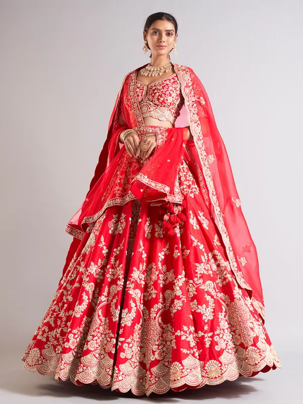Splendid red raw silk lehenga choli