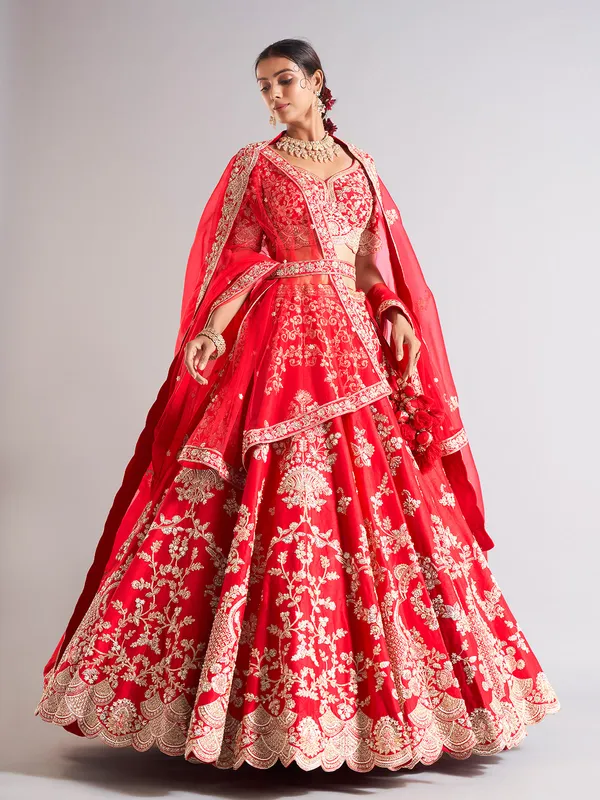 Splendid red raw silk lehenga choli