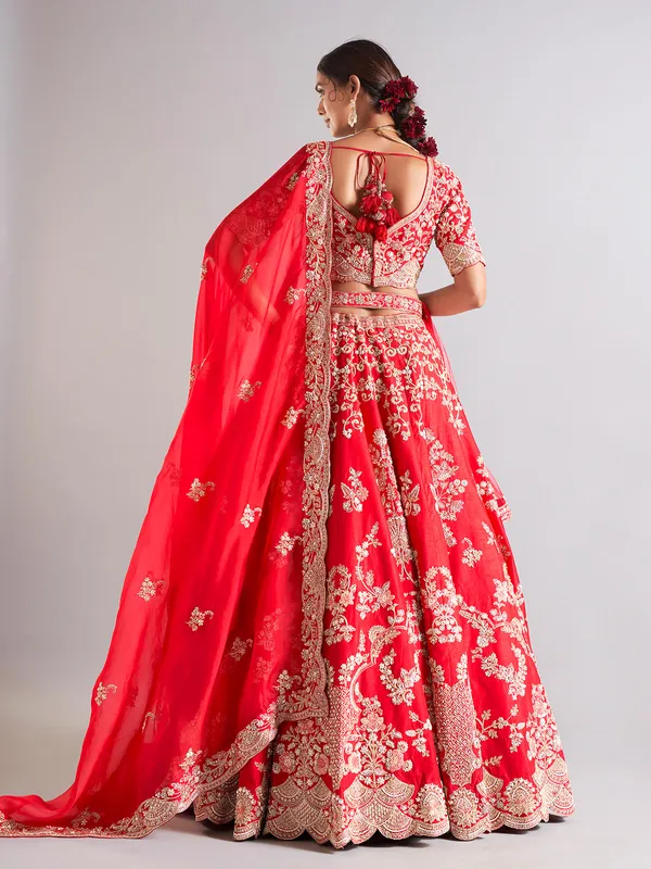 Splendid red raw silk lehenga choli
