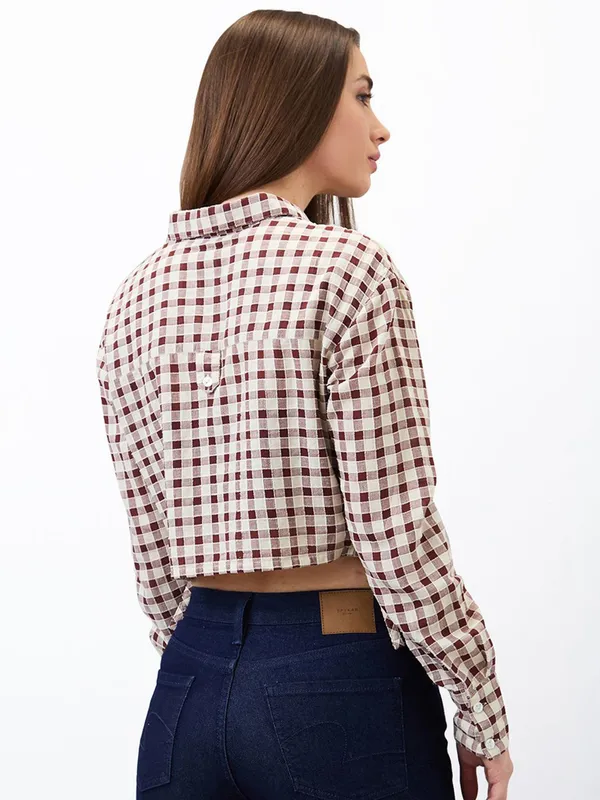 SPYKAR beige and maroon checks crop shirt