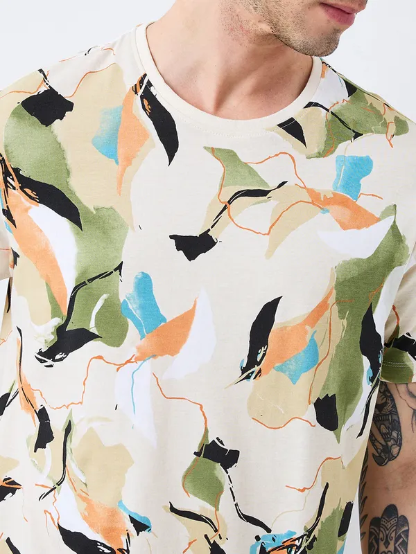 SPYKAR beige printed cotton t-shirt for men