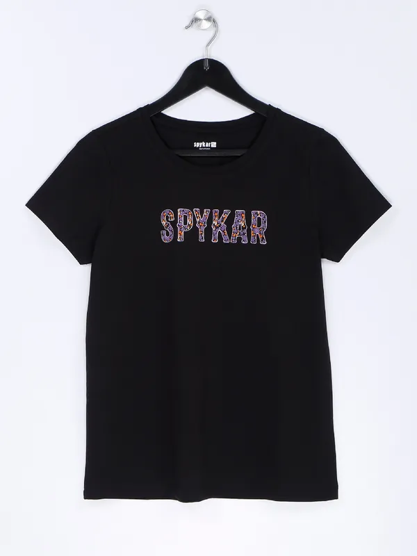 Spykar black cotton printed t shirt