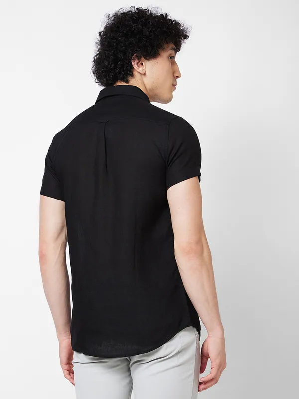 SPYKAR black plain linen shirt