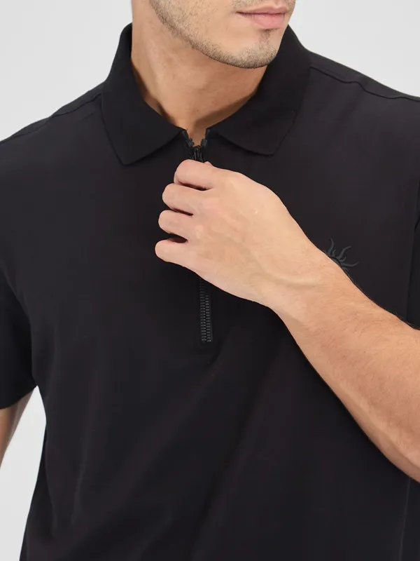 SPYKAR black polo with zipper closure cotton t-shirt