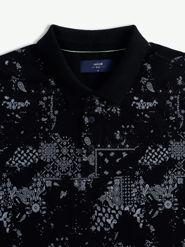 Spykar black printed polo t shirt