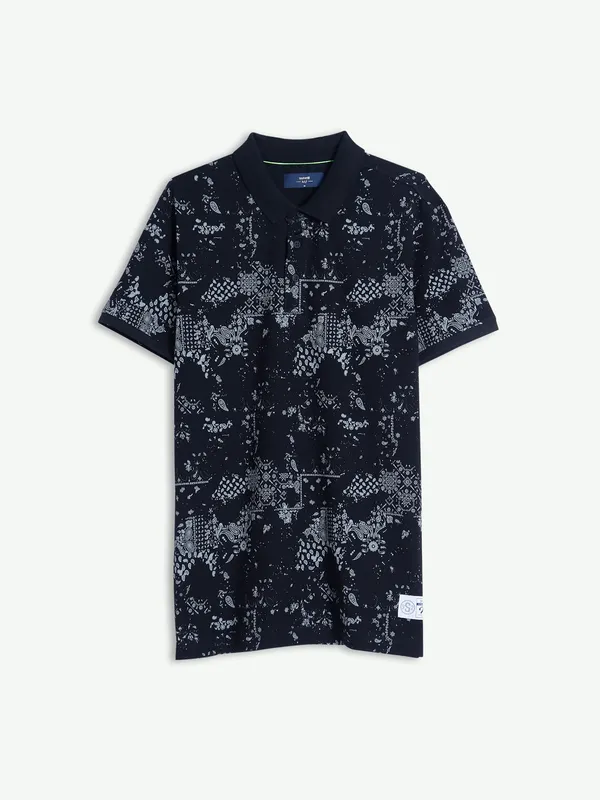 Spykar black printed polo t shirt