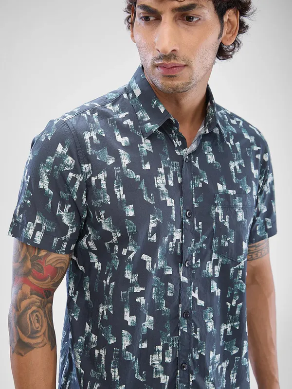 SPYKAR blue printed cotton casual shirt