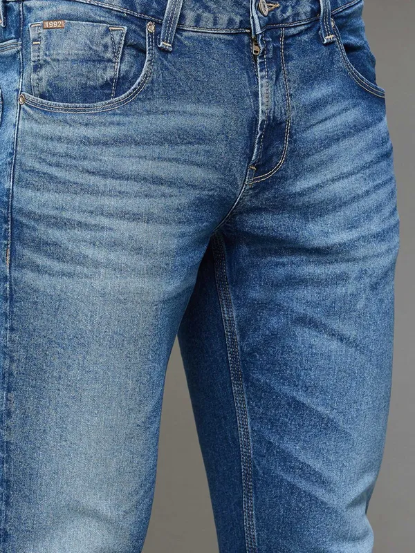 SPYKAR blue slim tapered washed denim jeans