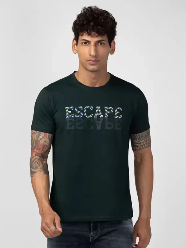 Spykar bottle green printed t shirt