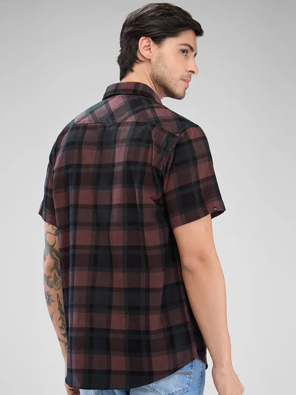 SPYKAR brown checkered cottom shirt