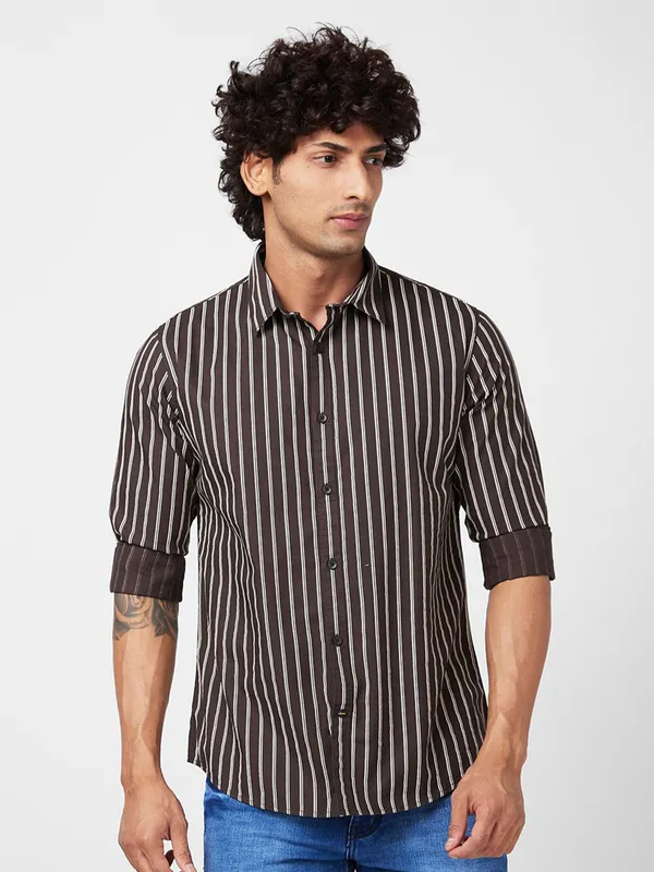 Spykar brown stripe cotton shirt