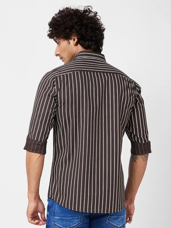 Spykar brown stripe cotton shirt