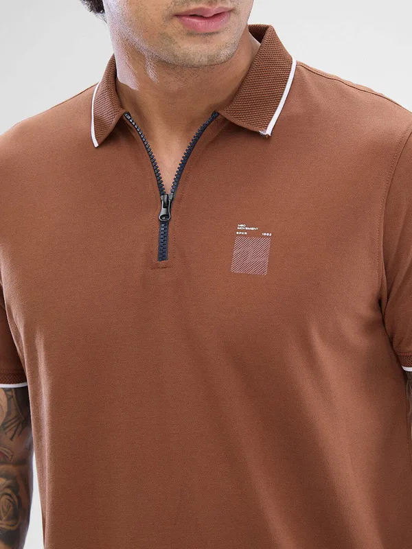 SPYKAR brown zipper polo cotton t-shirt