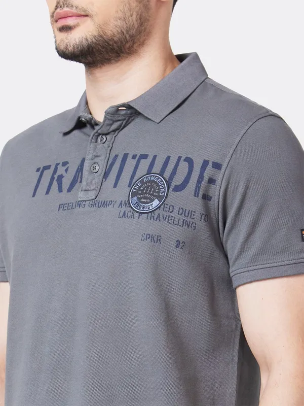 Spykar casual grey printed cotton t shirt