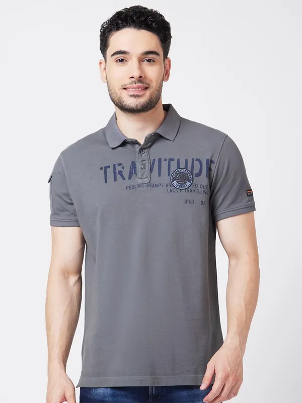 Spykar casual grey printed cotton t shirt