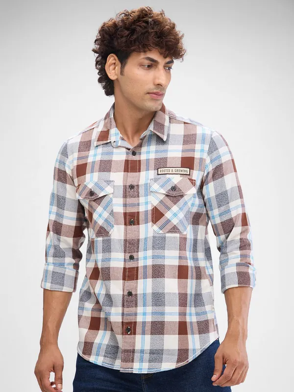 SPYKAR checks brown cotton shirt