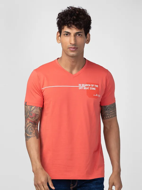 Spykar coral pink cotton t shirt