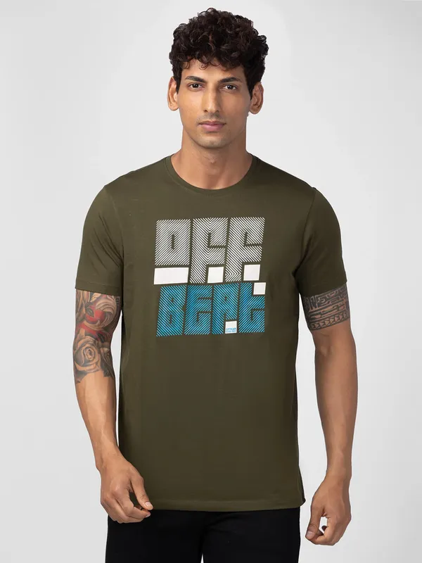 Spykar cotton military green printed t shirt