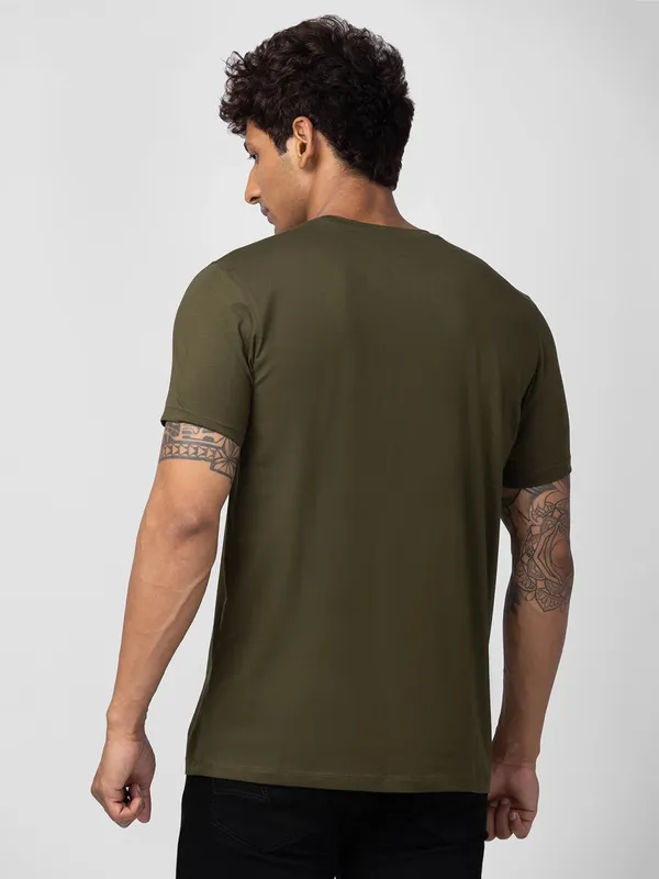 Spykar cotton military green printed t shirt