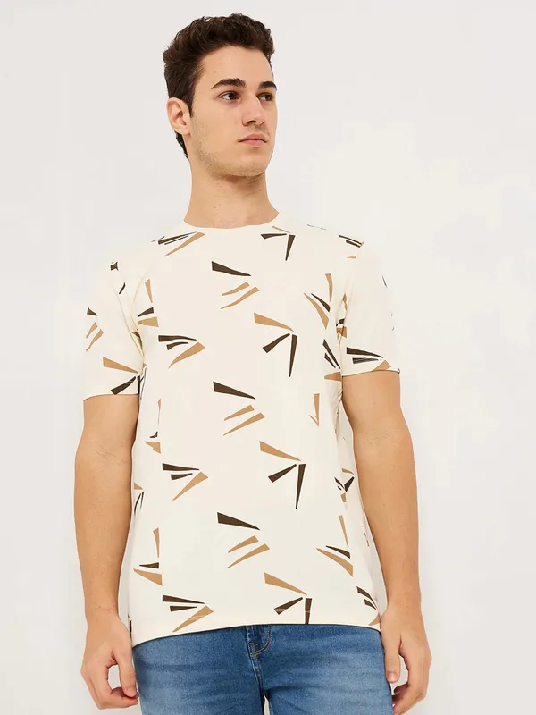 SPYKAR cream cotton printed t-shirt