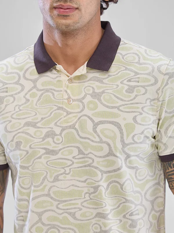 SPYKAR cream floral printed cotton t-shirt