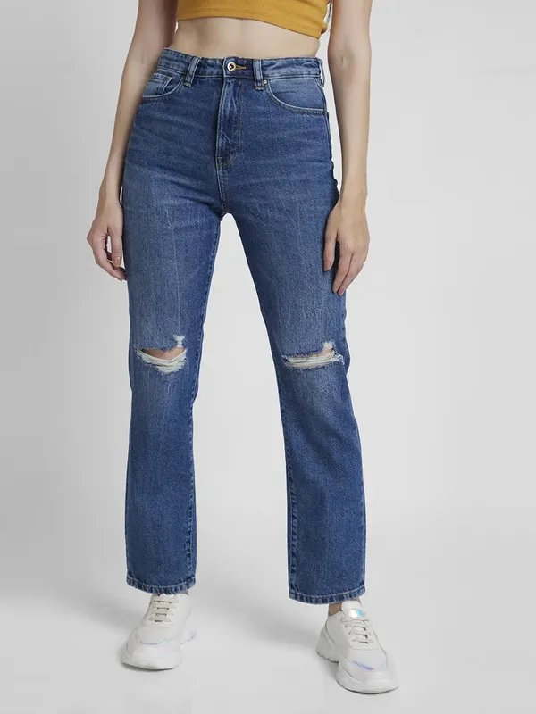 Spykar dark blue ripped straight jeans