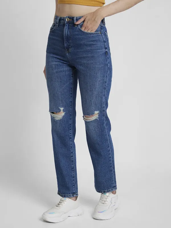 Spykar dark blue ripped straight jeans