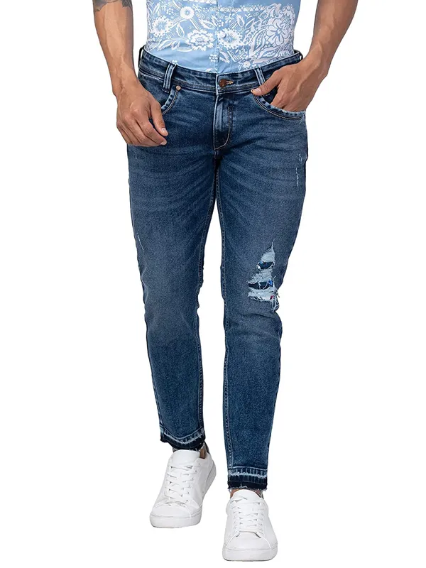 Spykar dark blue washed and ripped jeans