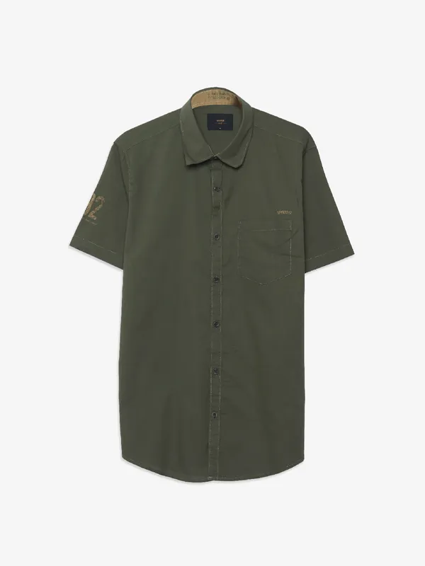 Spykar dark gree cotton plain shirt