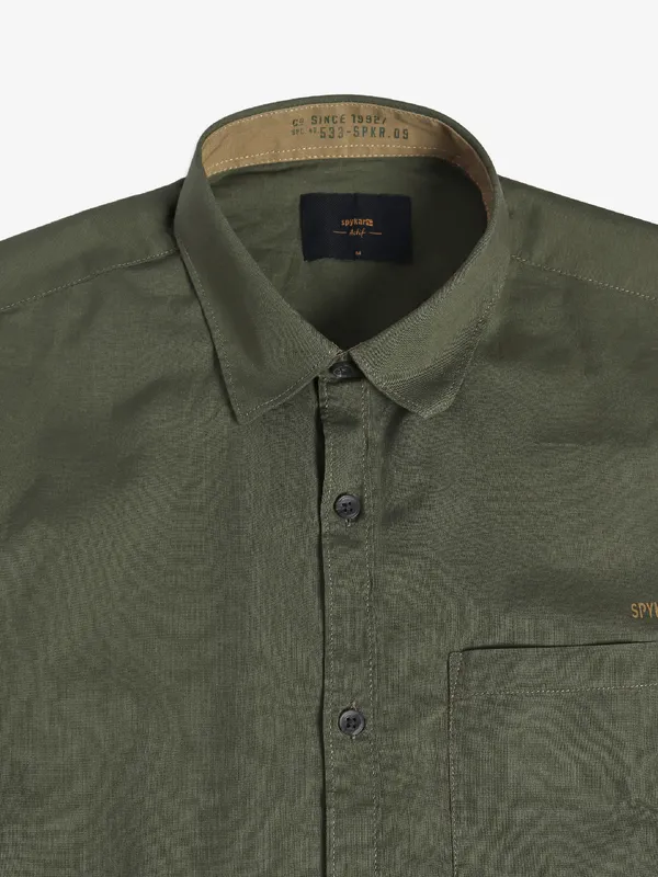 Spykar dark gree cotton plain shirt